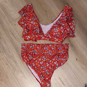 Women’s (M) Ruffle Top High Waist Two Piece Swimsuit. Orange Floral Cottagecore.